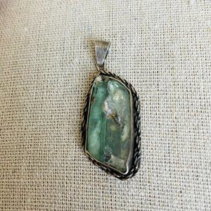 Vintage 925 Sterling Silver Fluorite Gemstone Stamped Pendant 1 ¾ x 5/8”